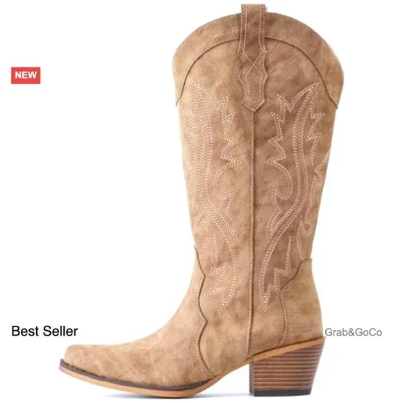 Western Cowgirl Boots Chunky Heel Snip Toe Mid Calf Handcrafted Embroidery - Picture 5 of 7